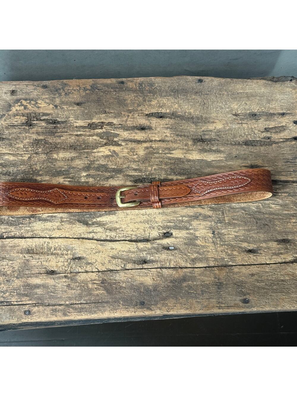 intage LL Bean Men's Tooled Leather Belt Size 36 Brass Buckle Western